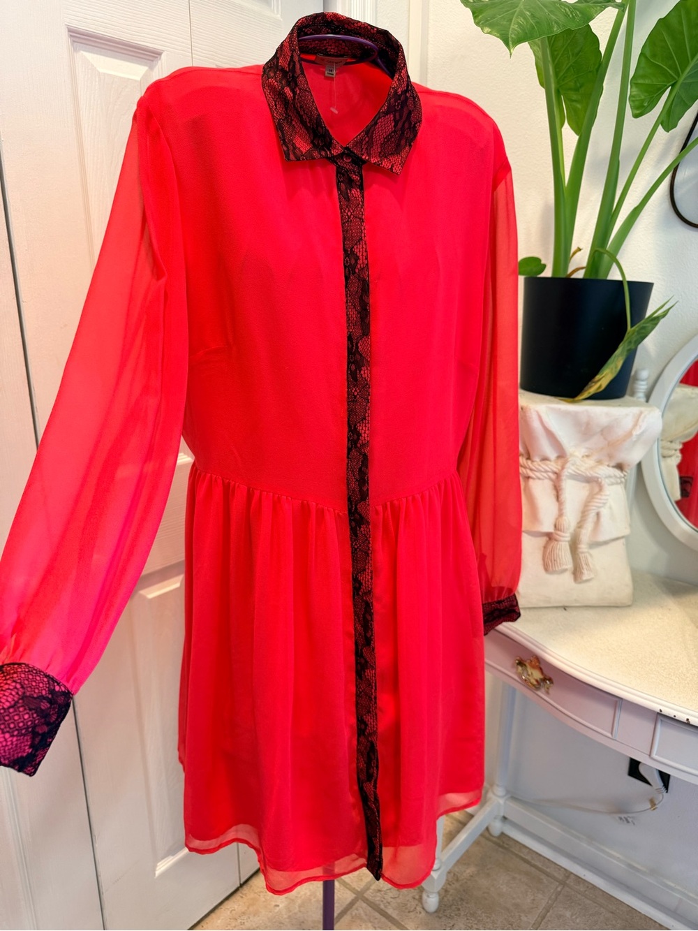 Vintage Whimsy Sheer Red Button-Front Dress with Black Lace Trim